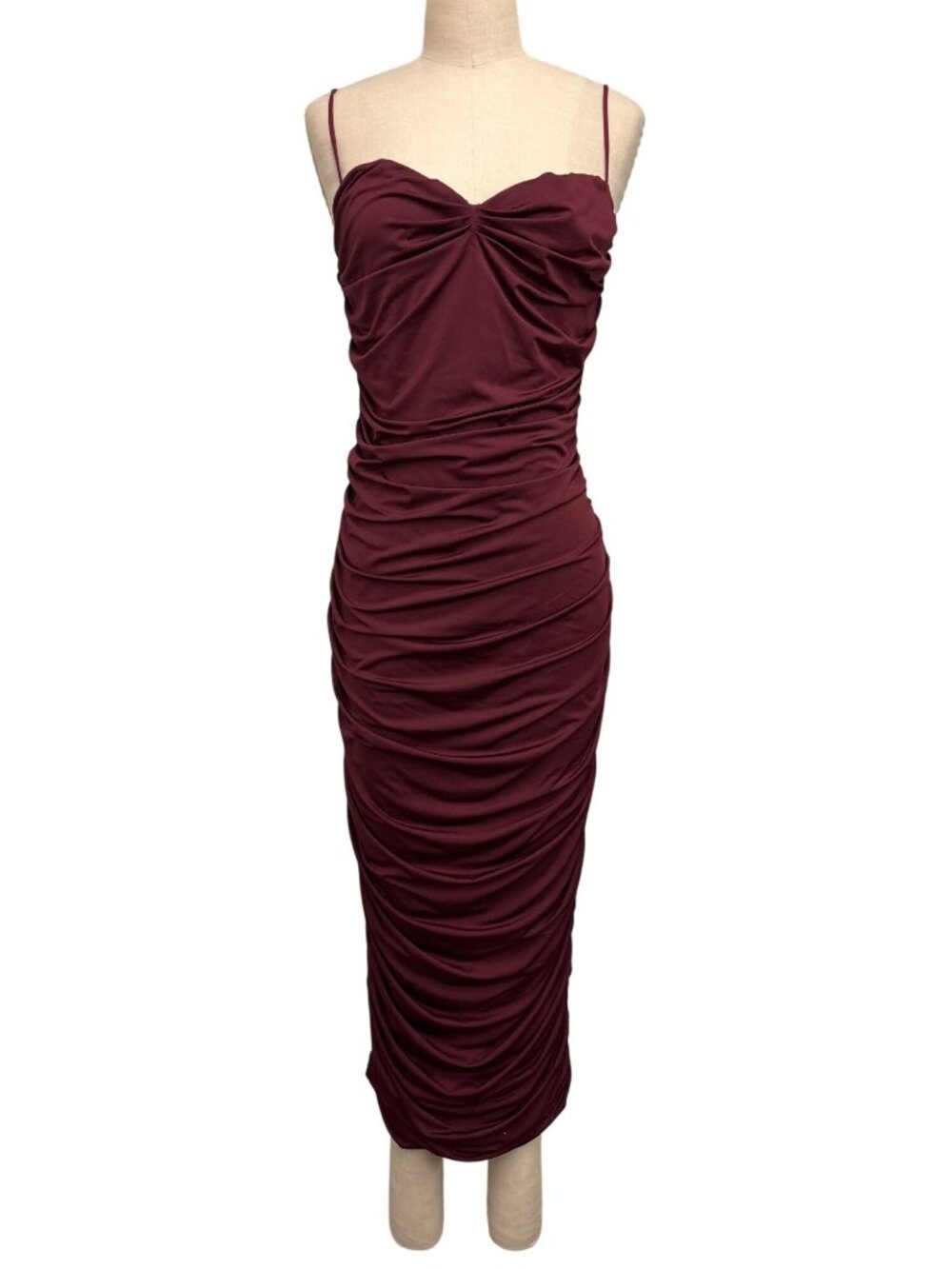 L Vow Women Ruched Midi Burgundy Dress With Spaghetti Straps XL Polyester Blend